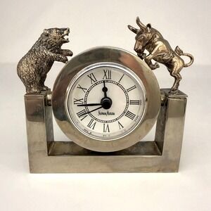 Neiman Marcus Bull & Bear Stock Market Desk Clock Silver Plate Metal NOT RUNNING